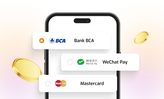 Pilihan metode pembayaran Bank BCA, WeChat Pay, dan Mastercard di Payment Collection