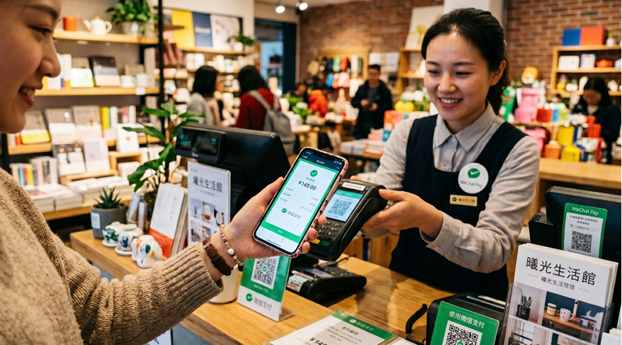 Kasir menerima pembayaran digital dari pelanggan di toko retail