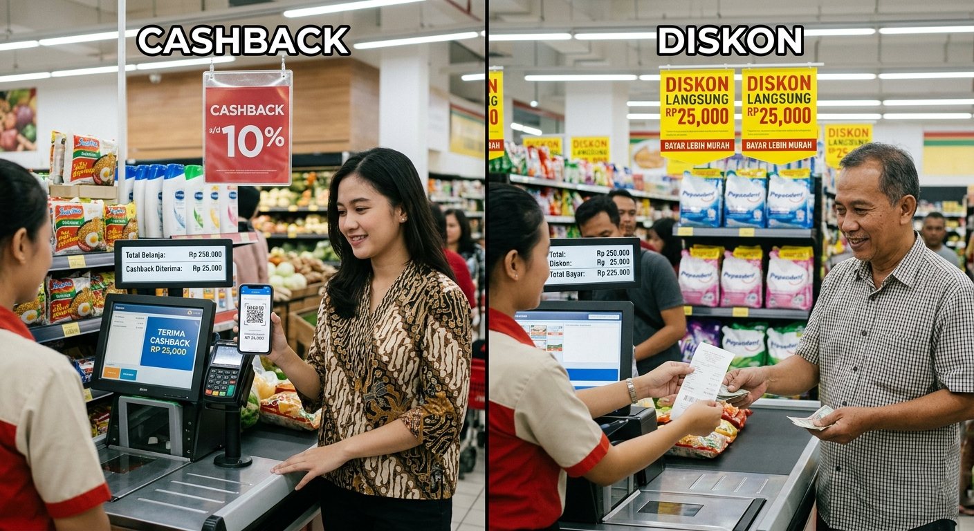 Ilustrasi cashback vs diskon untuk strategi promo UMKM