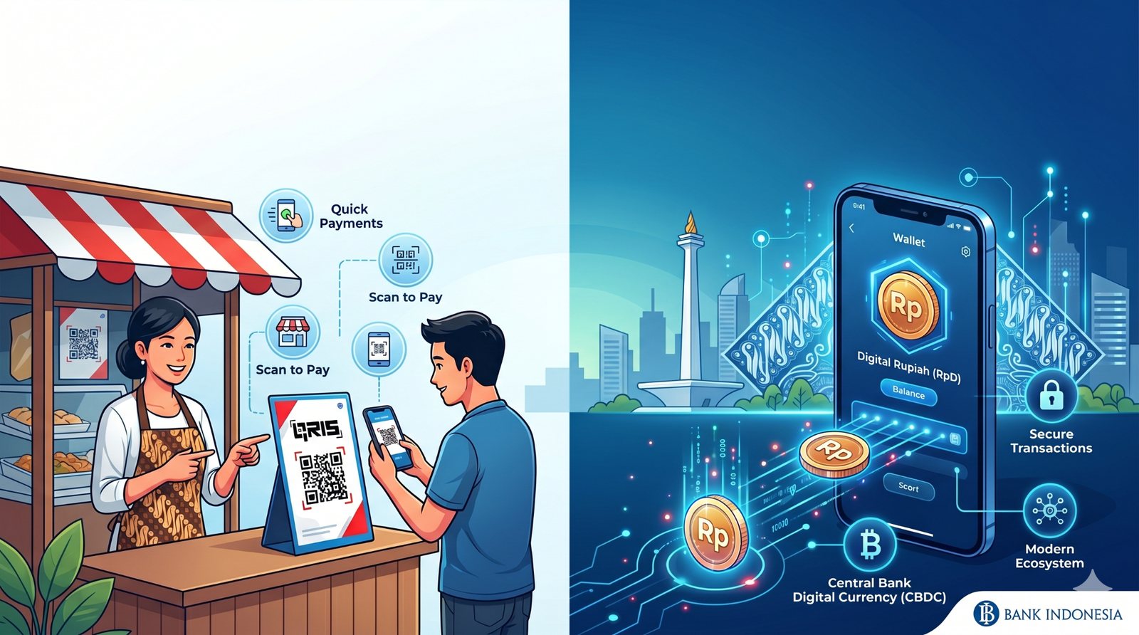Ilustrasi perbedaan QRIS dan Rupiah Digital untuk bisnis
