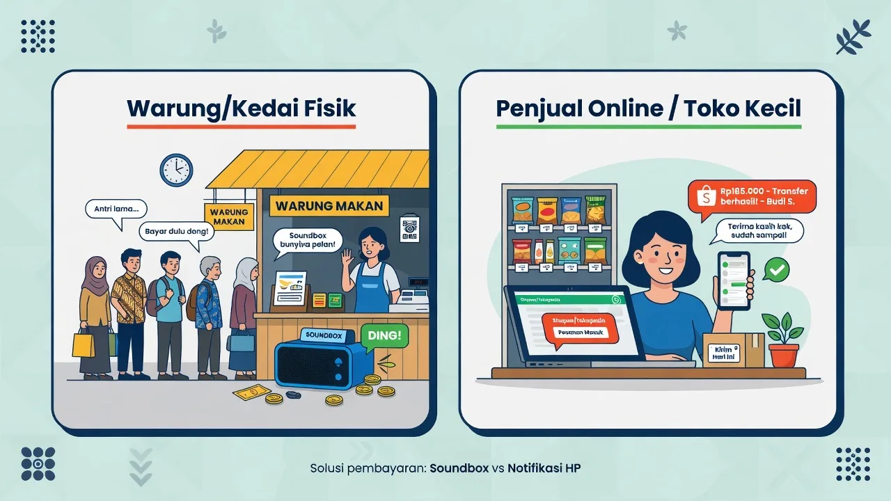 Infografis manfaat soundbox QRIS untuk usaha: konfirmasi instan, antrean, keamanan