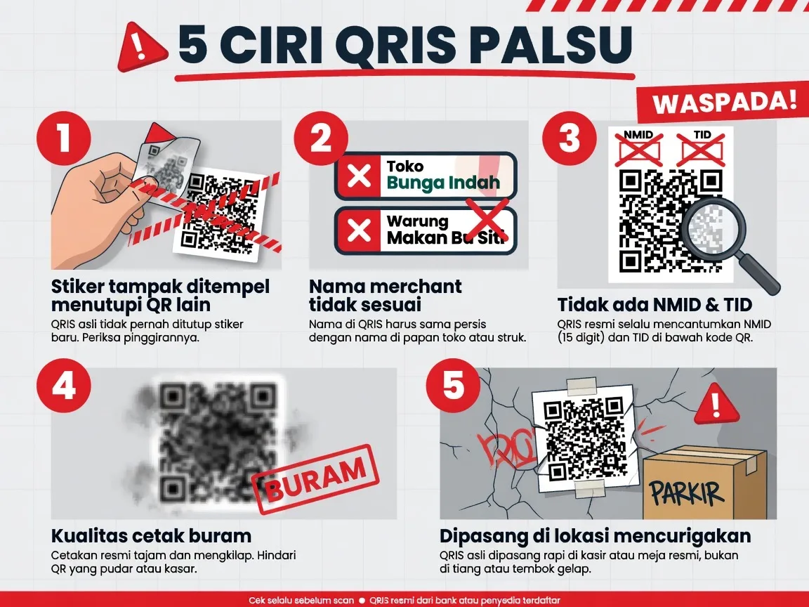 Infografis 5 ciri QRIS palsu: stiker tempel, nama tidak sesuai, tanpa NMID