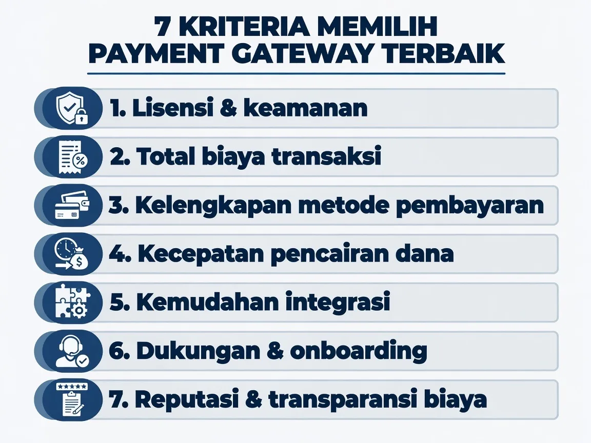 Checklist tujuh kriteria payment gateway: lisensi BI, biaya, metode, pencairan, integrasi, dukungan, transparansi