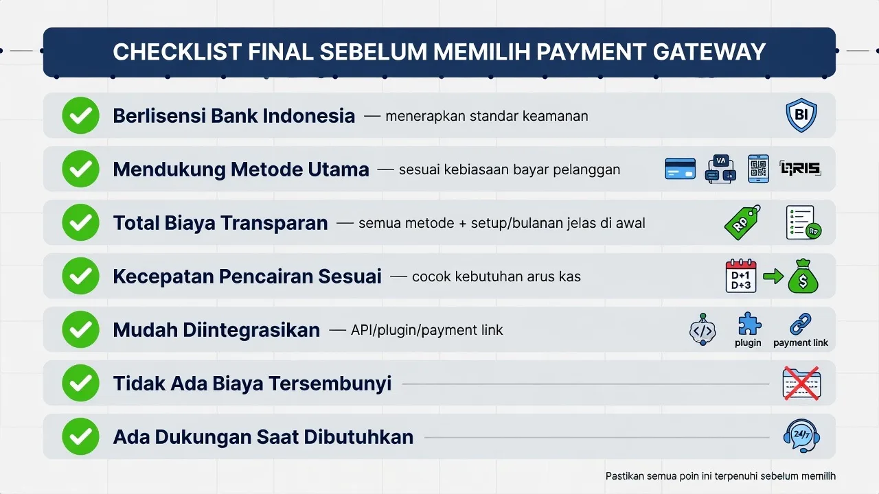 Diagram integrasi payment gateway: dengan website (API/plugin) vs tanpa website (payment link/QR)