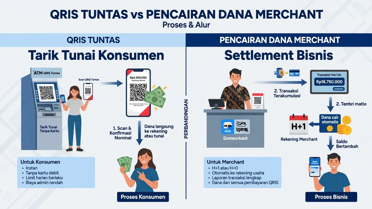Perbedaan QRIS Tuntas tarik tunai konsumen vs pencairan dana merchant settlement