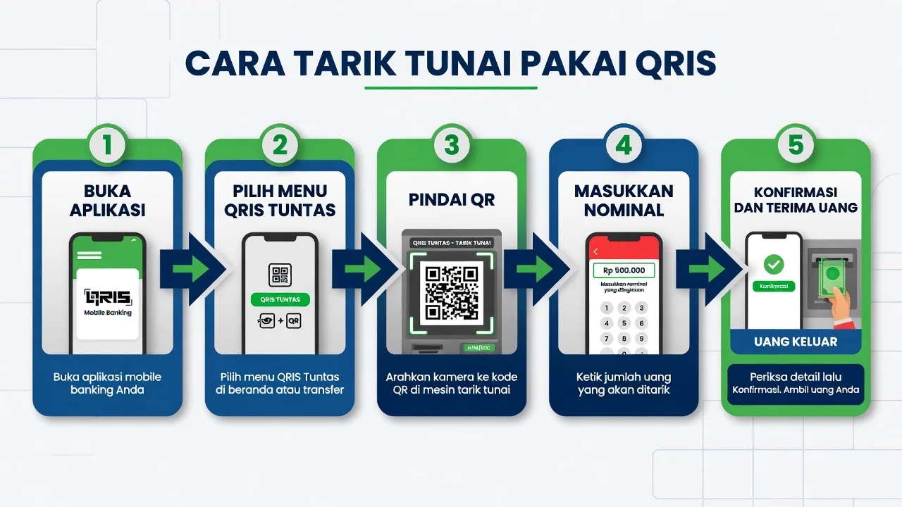 Diagram alur cara tarik tunai pakai QRIS Tuntas di ATM, agen, atau merchant