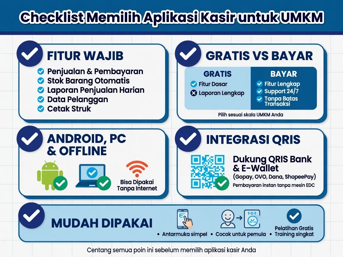 Checklist memilih aplikasi kasir UMKM: fitur wajib, platform, integrasi QRIS, backup data