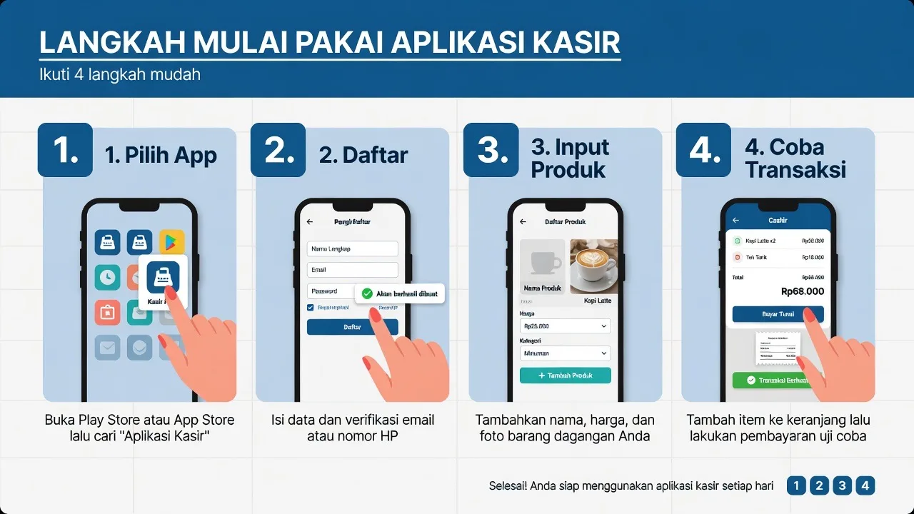 Langkah mulai pakai aplikasi kasir: unduh, input produk, atur pembayaran, coba transaksi