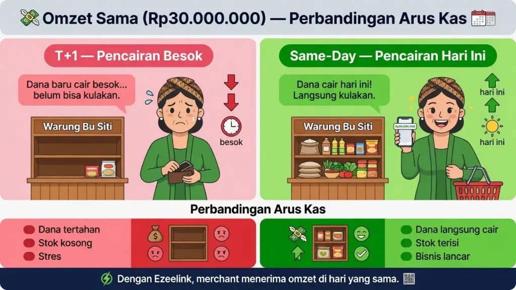 Ilustrasi merchant melihat dashboard MDR QRIS dan pencairan same-day