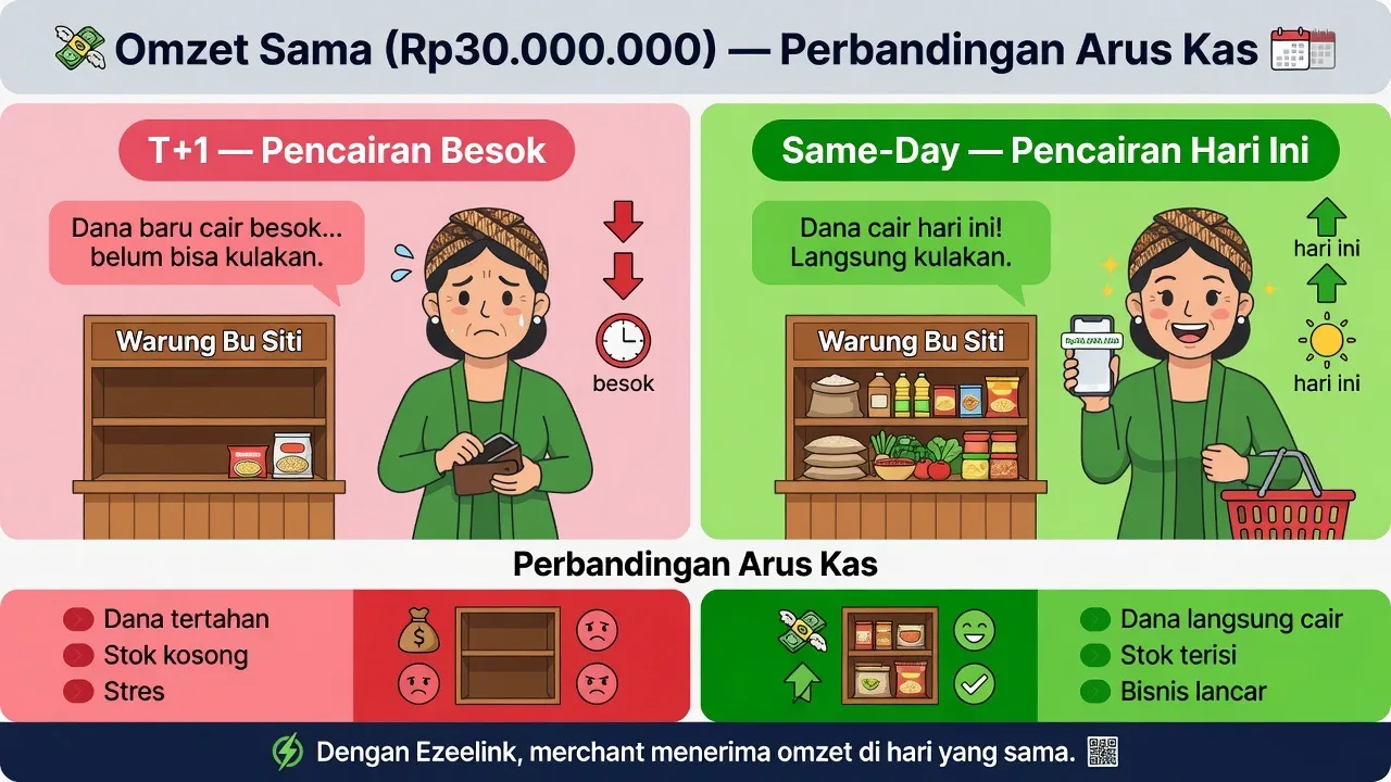 Ilustrasi merchant melihat dashboard MDR QRIS dan pencairan same-day