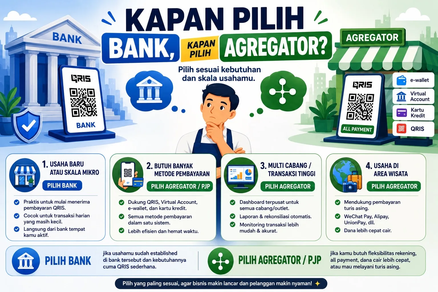 Tabel perbandingan QRIS bank vs agregator: MDR, pencairan, all payment