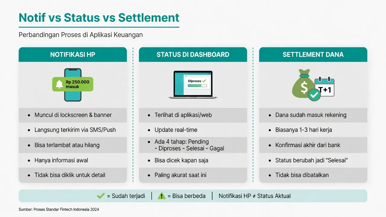 Perbedaan notifikasi, status transaksi, dan settlement QRIS