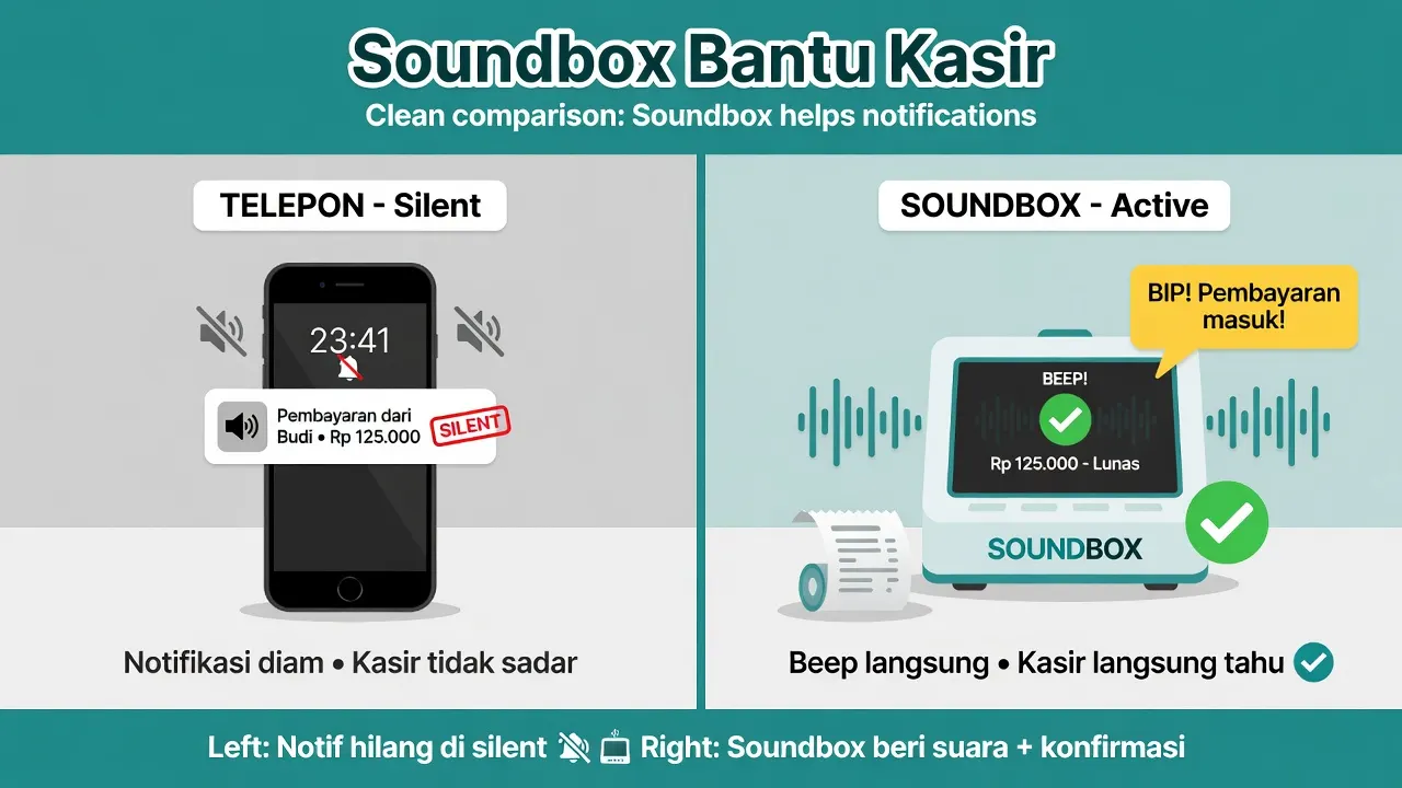 Perbandingan notifikasi silent HP vs soundbox yang membunyikan pembayaran