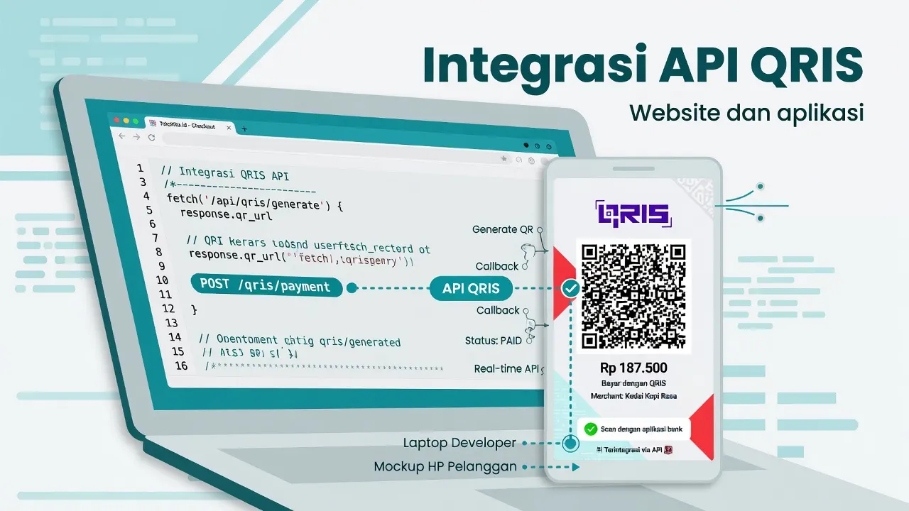 Laptop merchant menampilkan integrasi API QRIS dengan pembayaran berhasil