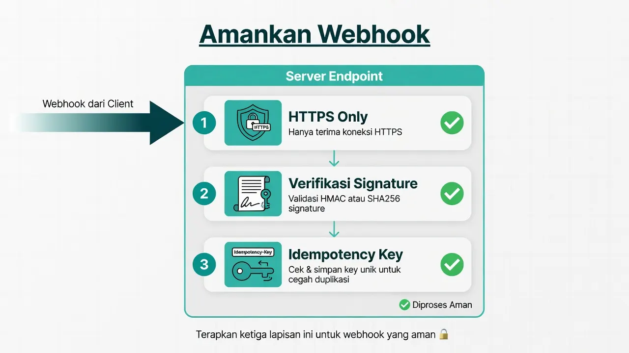 Keamanan webhook: HTTPS, verifikasi signature, idempotency key