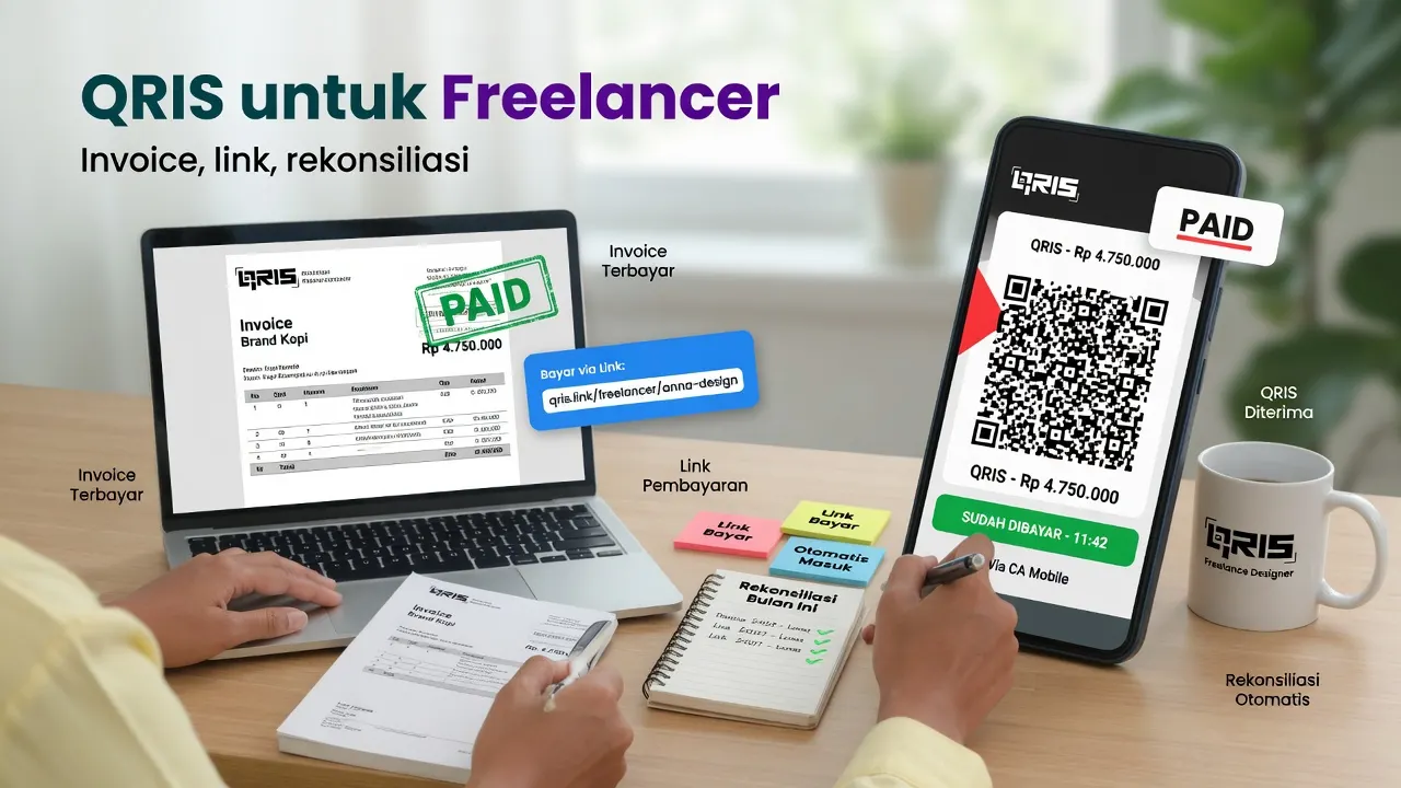 Freelancer menerima pembayaran invoice via QRIS lunas