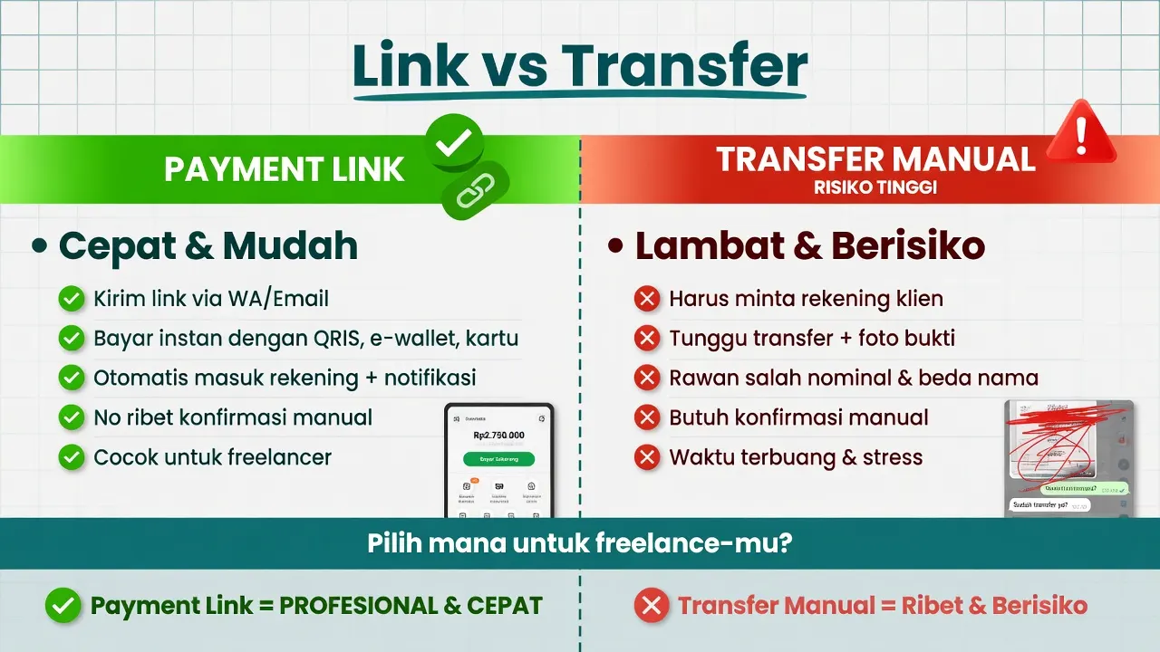 Perbandingan payment link dan transfer manual untuk freelancer