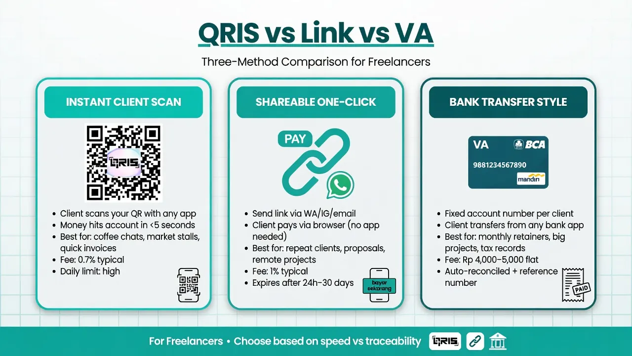 Tiga metode bayar freelancer: QRIS, payment link, virtual account