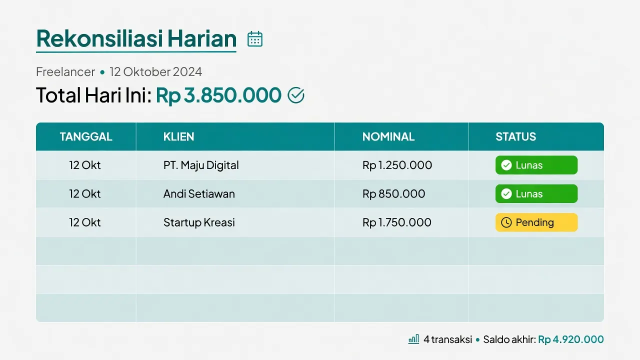 Contoh ledger rekonsiliasi harian pendapatan freelancer