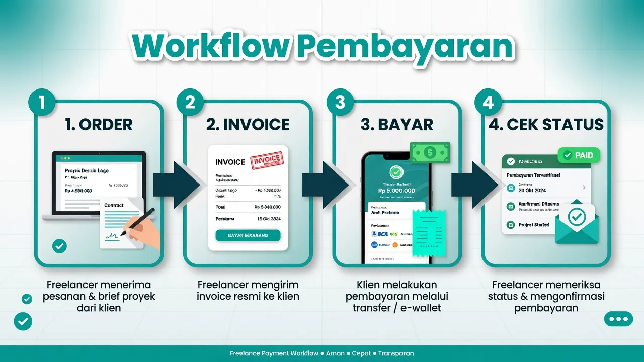 Workflow pembayaran freelancer: order, invoice, bayar, cek status