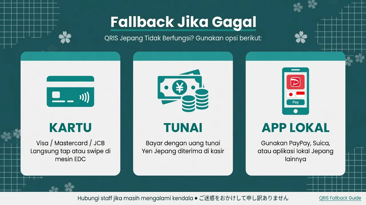 Opsi fallback jika QRIS Jepang gagal: kartu, tunai, app lokal