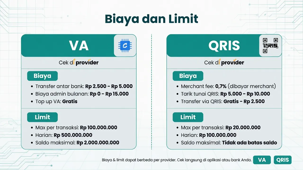 Perbandingan biaya dan limit Virtual Account versus QRIS