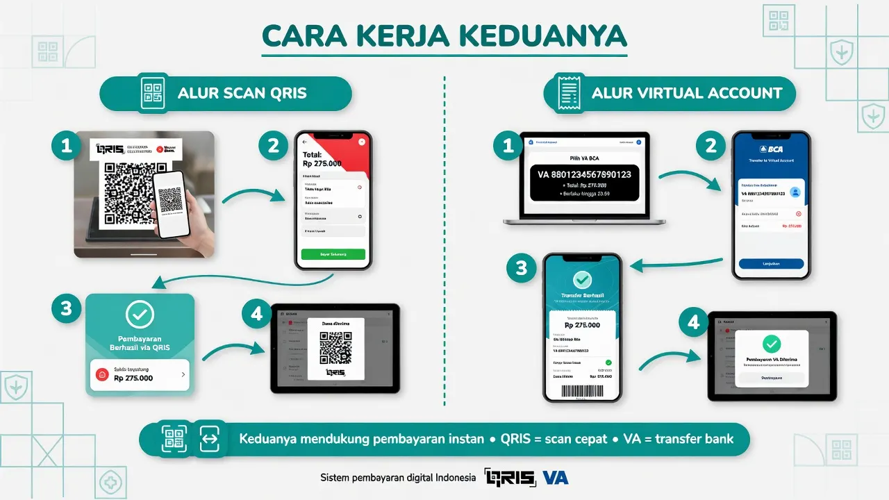 Dua alur cara kerja: scan QRIS dan transfer virtual account