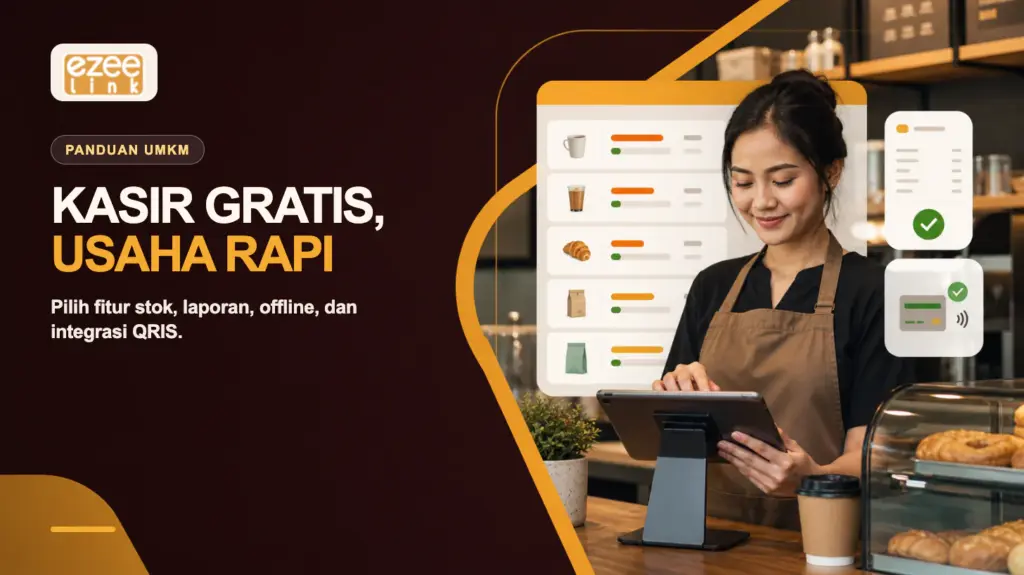 Pemilik UMKM menggunakan aplikasi kasir di tablet dengan dashboard stok, laporan, dan pembayaran QRIS.