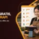 Pemilik UMKM menggunakan aplikasi kasir di tablet dengan dashboard stok, laporan, dan pembayaran QRIS.