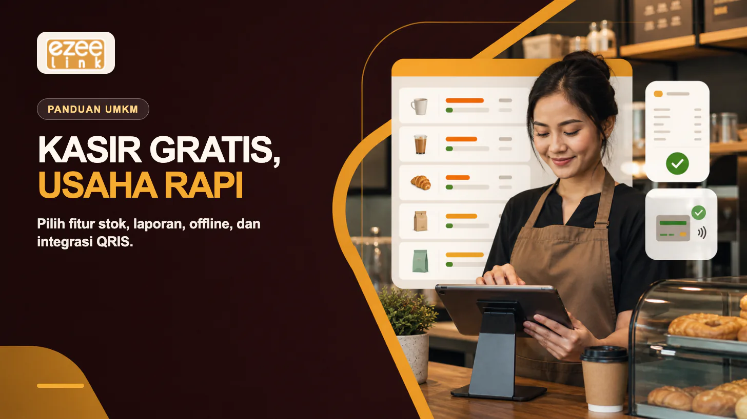 Pemilik UMKM menggunakan aplikasi kasir di tablet dengan dashboard stok, laporan, dan pembayaran QRIS.