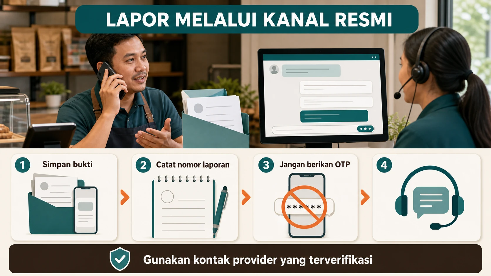 Urutan menghubungi merchant, PJP pembayar, PJP merchant, dan kanal pengaduan resmi.