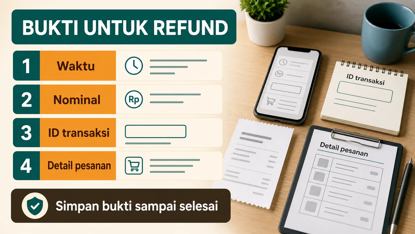 Bukti refund berupa referensi transaksi, nominal, waktu, status, nota, dan kronologi tanpa PIN atau OTP.