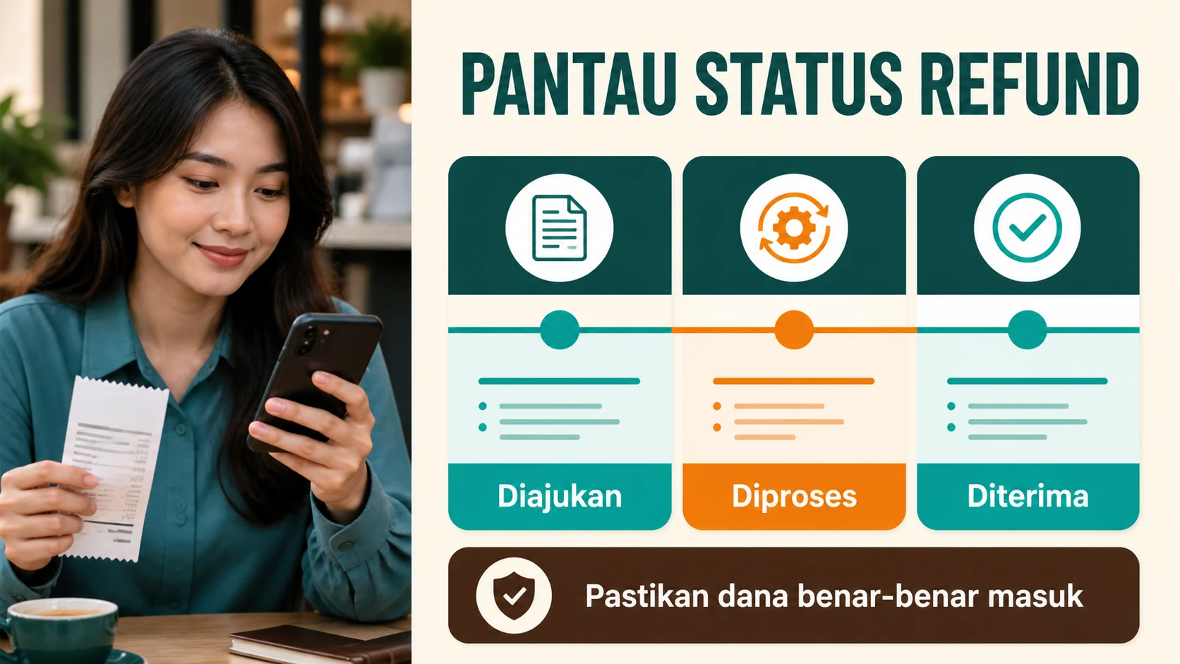 Pemantauan status refund dari diajukan, diproses, disetujui, sampai dana diterima.
