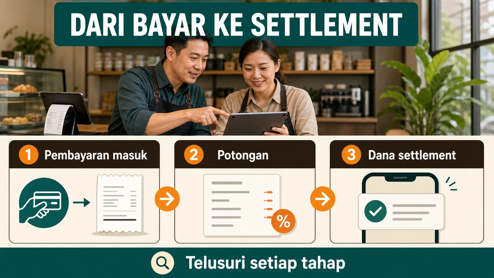Alur transaksi berhasil menuju gross, potongan, net, dan settlement.