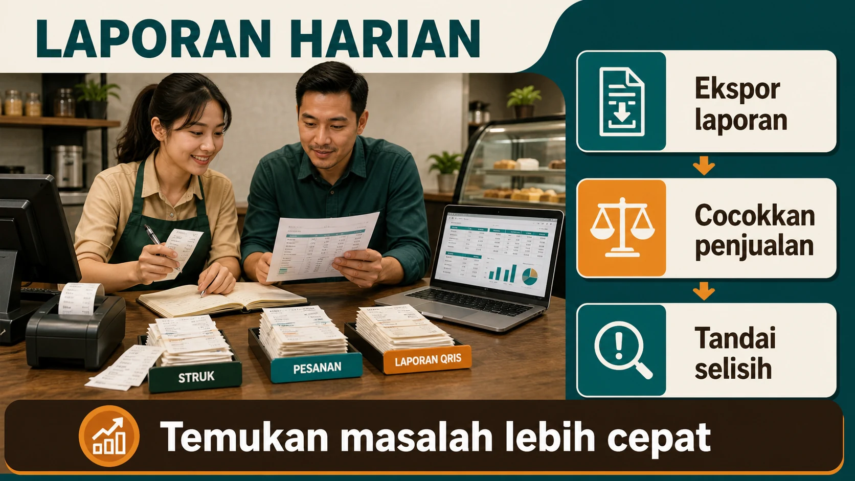Rutinitas harian mencocokkan order, laporan QRIS, settlement, refund, dan selisih.