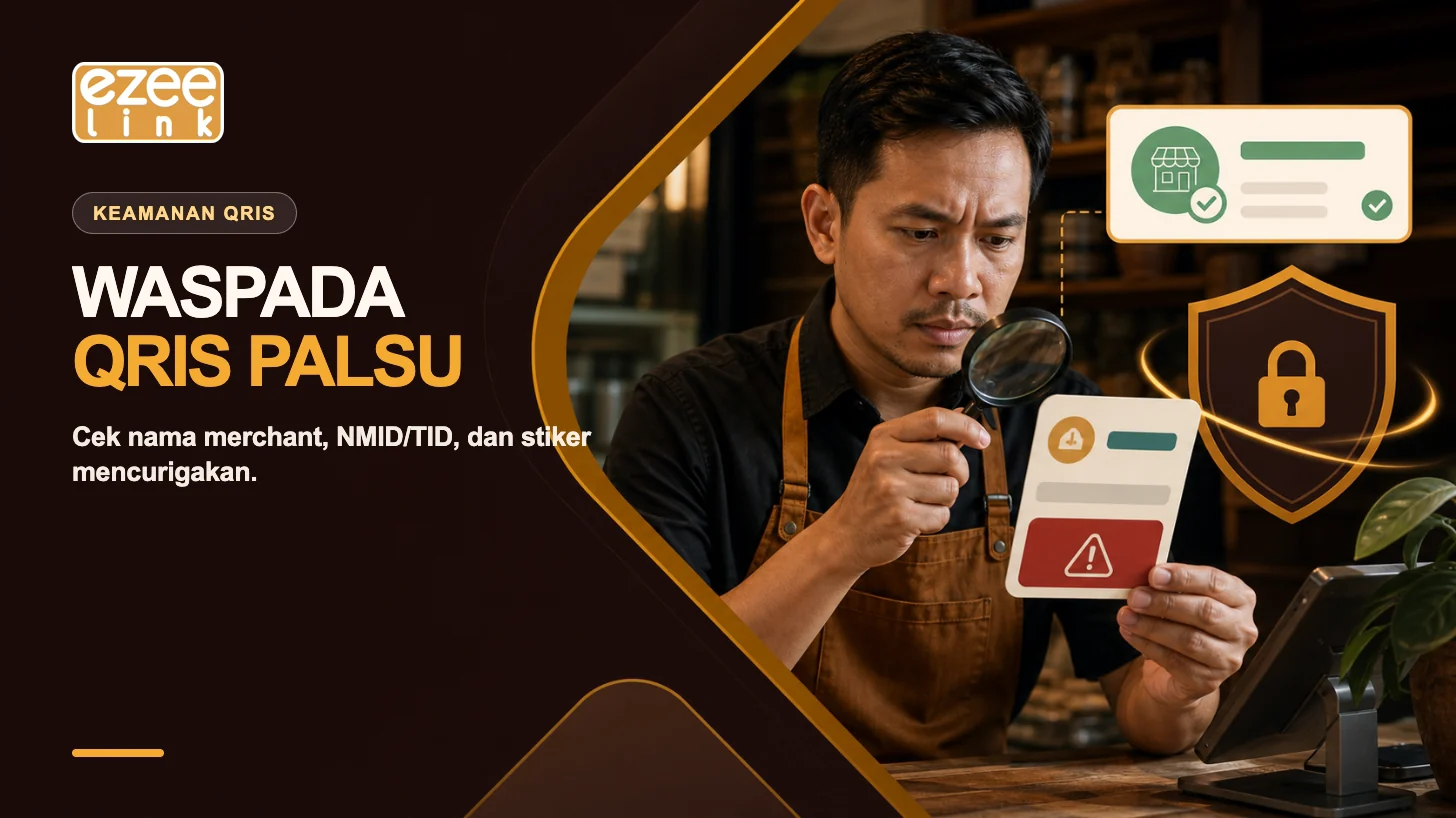 Pemilik usaha memeriksa stiker QRIS mencurigakan menggunakan kaca pembesar dan perlindungan keamanan.