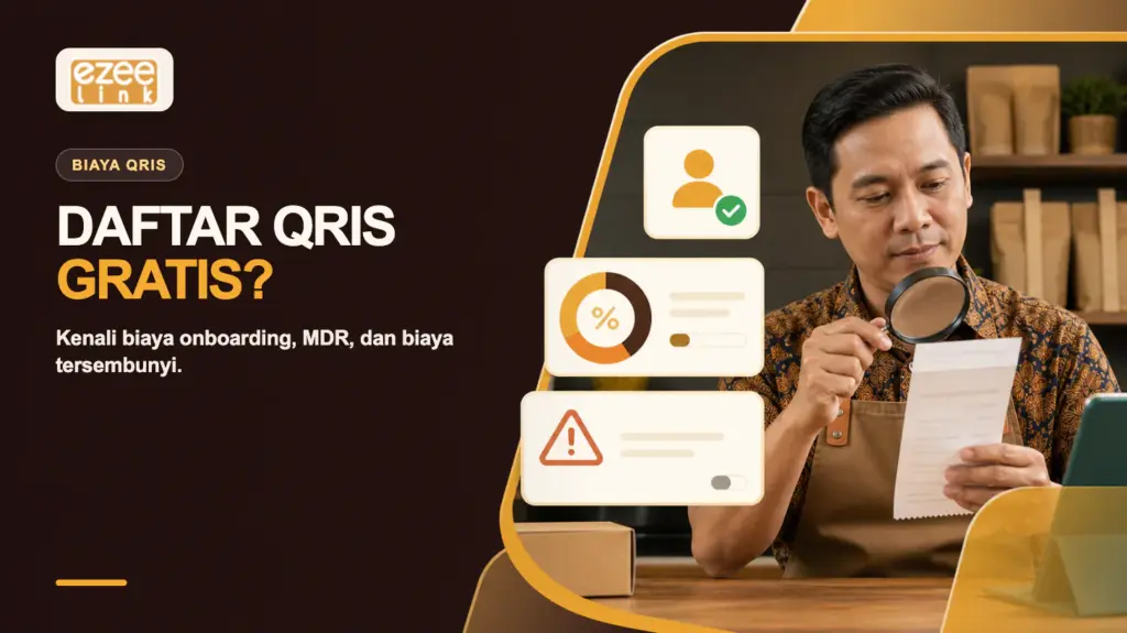 Merchant memeriksa biaya pendaftaran QRIS, MDR, dan kemungkinan biaya tersembunyi dengan kaca pembesar.