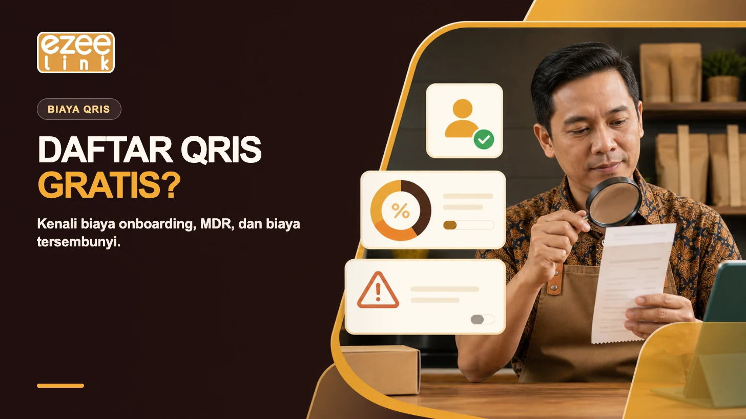 Merchant memeriksa biaya pendaftaran QRIS, MDR, dan kemungkinan biaya tersembunyi dengan kaca pembesar.