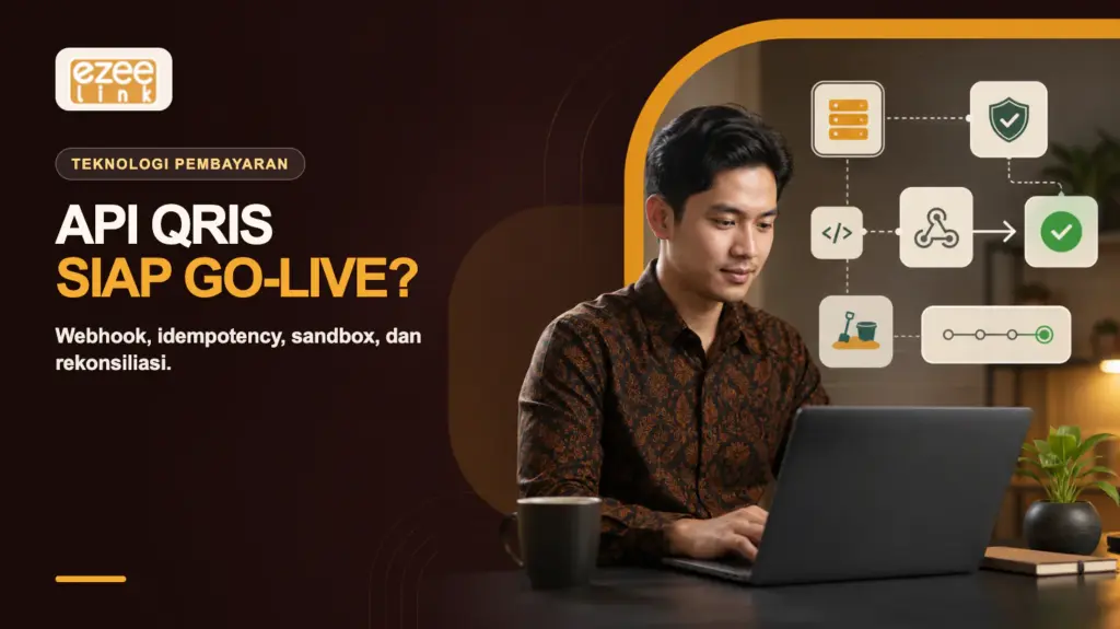 Developer memeriksa integrasi API QRIS dengan alur webhook, sandbox, dan status transaksi berhasil.