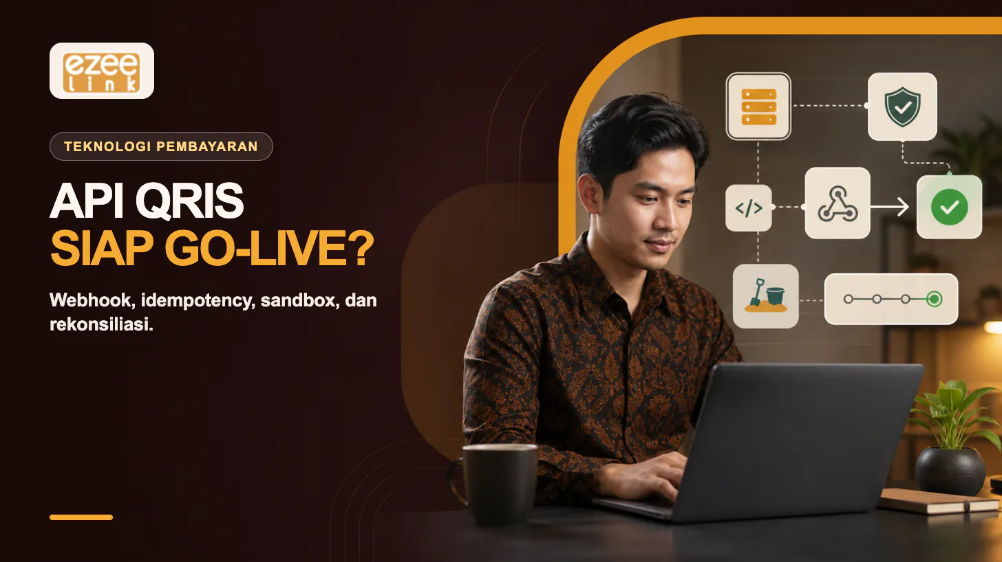 Developer memeriksa integrasi API QRIS dengan alur webhook, sandbox, dan status transaksi berhasil.