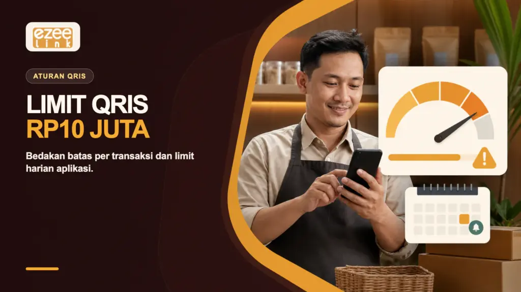 Merchant memeriksa batas transaksi QRIS Rp10 juta dan limit harian aplikasi pada ponsel.