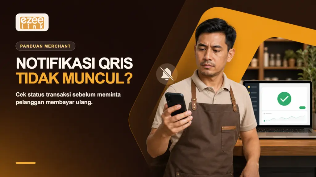 Merchant mengecek ponsel tanpa notifikasi sementara dashboard menunjukkan transaksi QRIS berhasil.