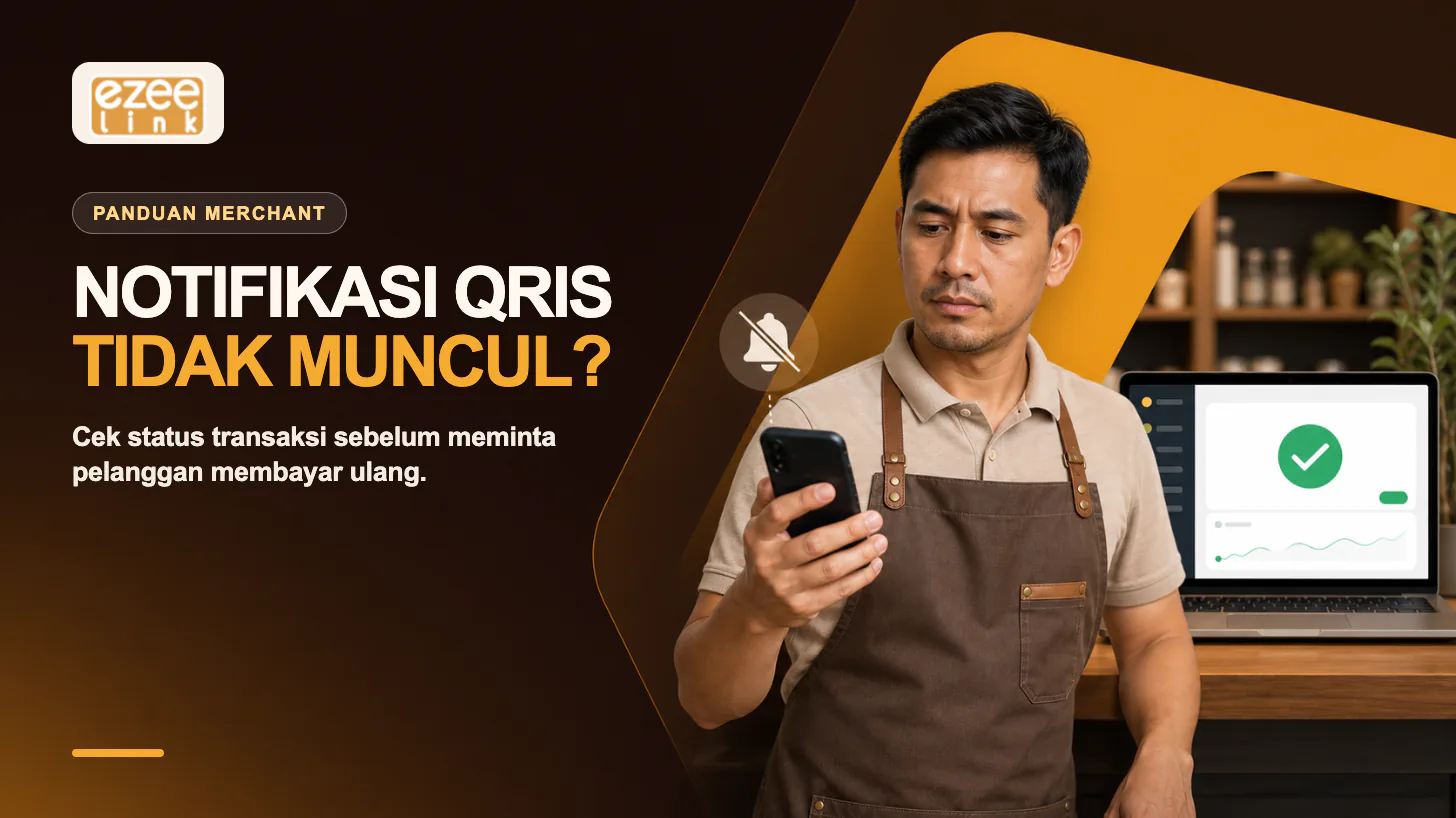Merchant mengecek ponsel tanpa notifikasi sementara dashboard menunjukkan transaksi QRIS berhasil.
