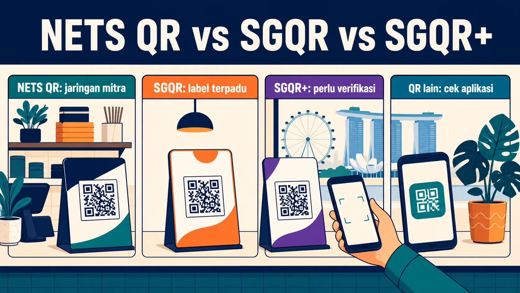 Perbandingan label NETS QR, SGQR, dan SGQR Plus