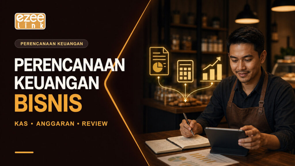 Cover perencanaan keuangan bisnis dengan kas, anggaran, dan review berkala