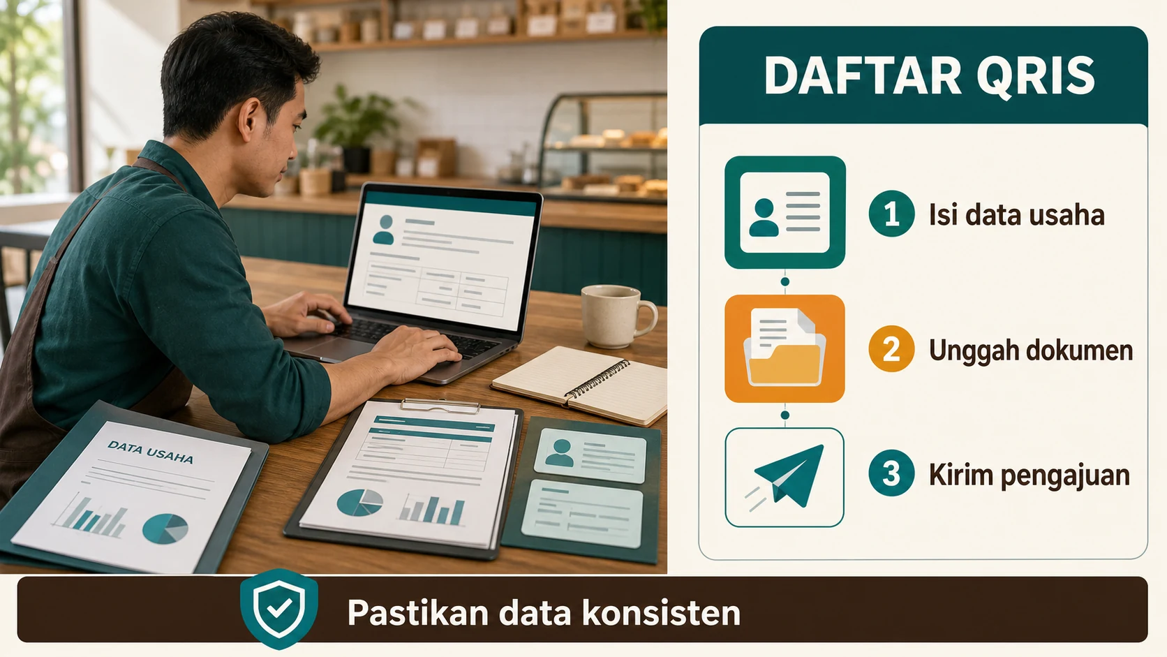Tahap umum pengajuan, verifikasi, perbaikan data, persetujuan, dan aktivasi QRIS.