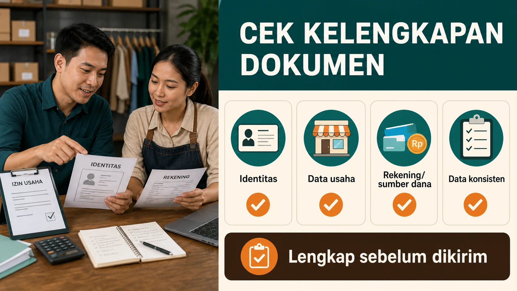 Checklist konsistensi identitas, rekening, dokumen usaha, dan kualitas berkas.