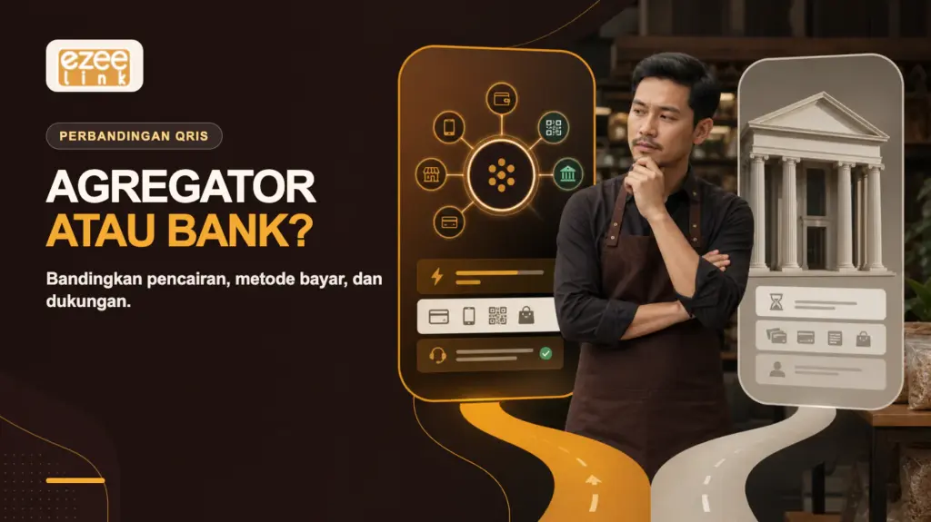 Merchant membandingkan QRIS agregator dan bank berdasarkan pencairan, metode bayar, dan dukungan.