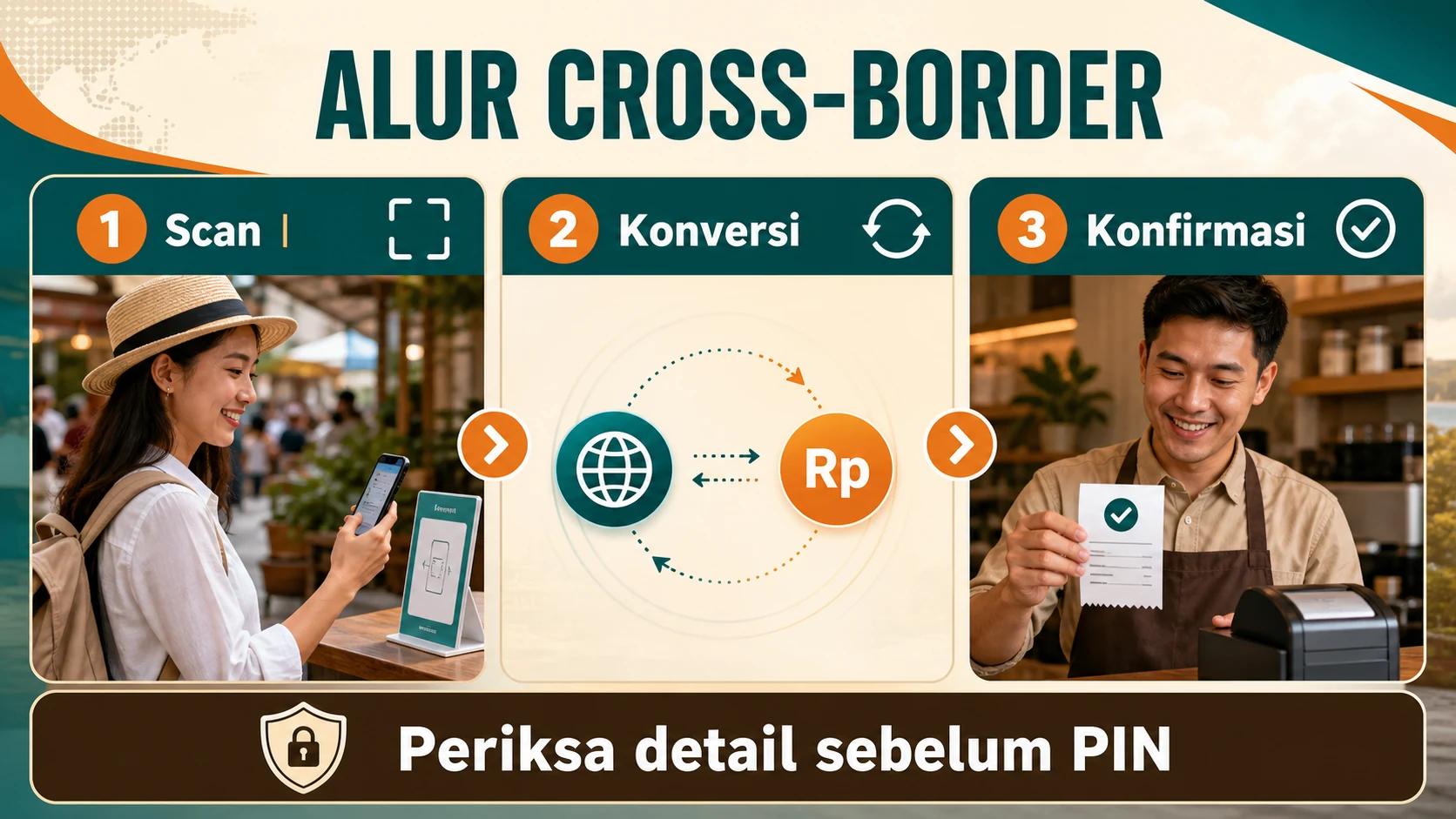 Alur turis memindai QRIS, memeriksa kurs, membayar, dan merchant menerima konfirmasi.