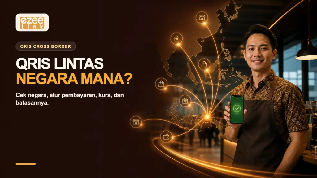 Merchant Indonesia memegang ponsel dengan visual jaringan pembayaran QRIS lintas negara di Asia.